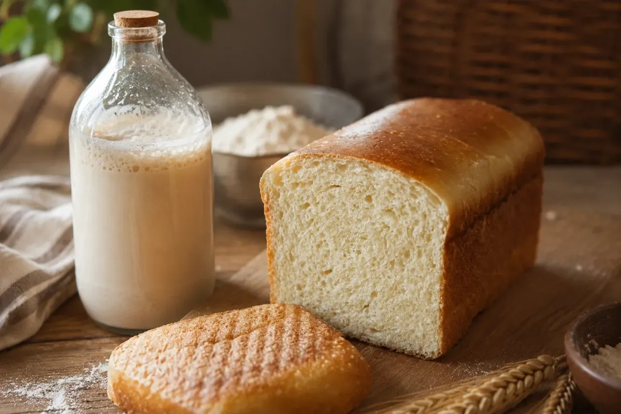 Um pão e uma garrafa de leite sobre uma mesa de madeira.