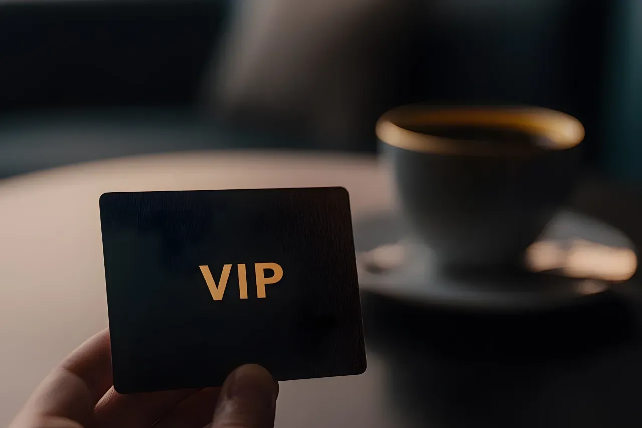 Uma pessoa está segurando um cartão vip em frente a uma xícara de café.