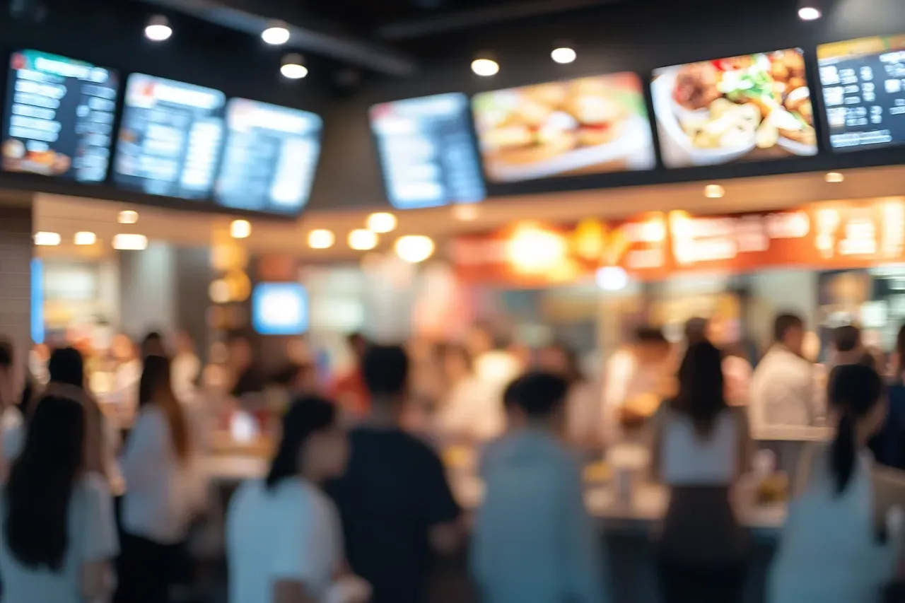 Uma imagem borrada de uma multidão de pessoas em pé em um restaurante de fast food.