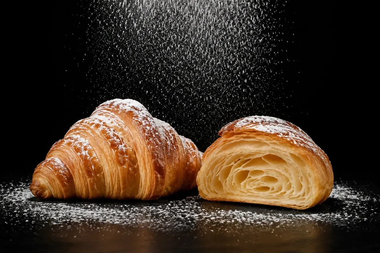 Um croissant está sendo polvilhado com açúcar sobre uma mesa.