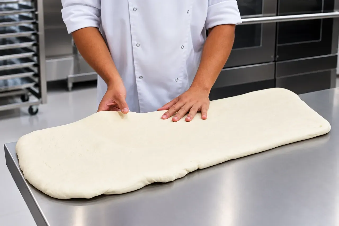 Um homem está segurando um grande pedaço de massa sobre uma mesa