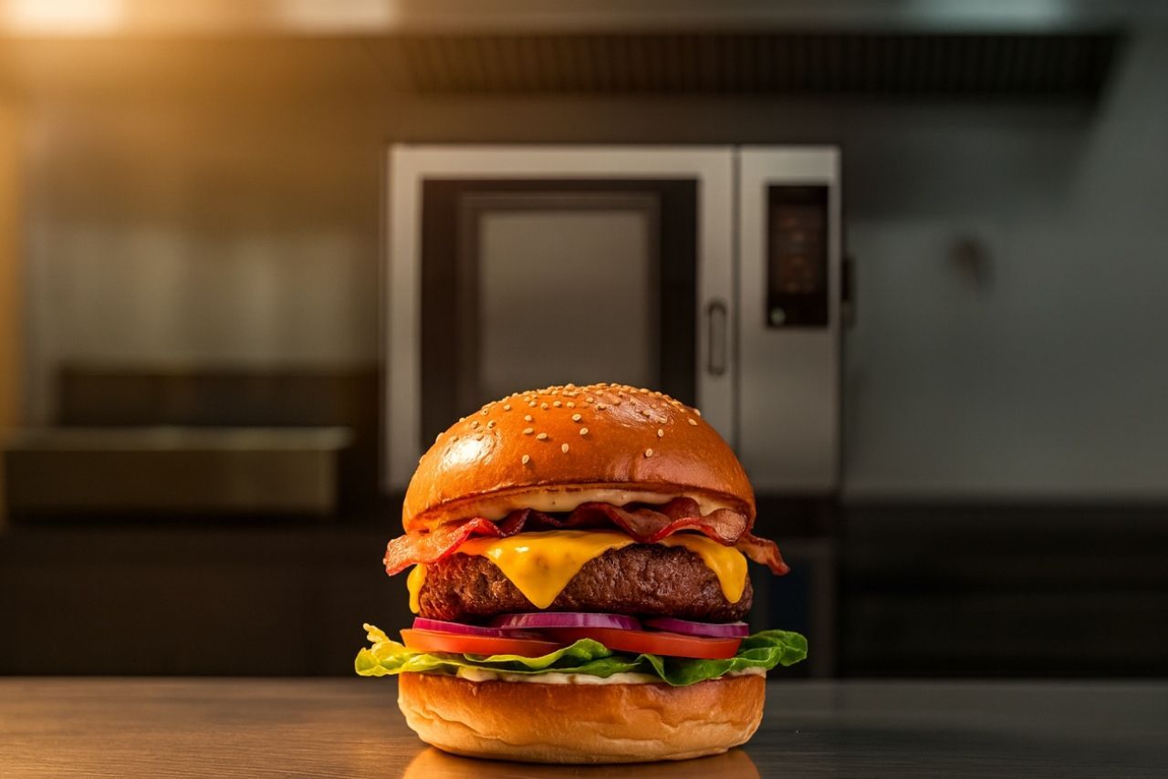 Hamburguer sobre mesa de inox com forno combinado ao fundo de uma cozinha.