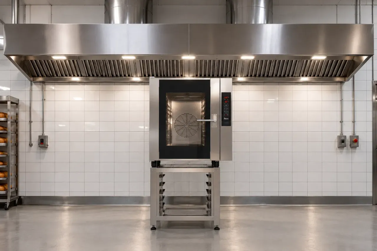 Forno turbo E250 da Prática instalado em área de produção de padaria profissional, sob coifa de exaustão em aço inox, com dutos de ventilação.