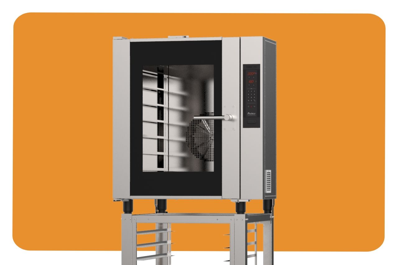 Um forno branco com um fundo laranja e um relógio nele
