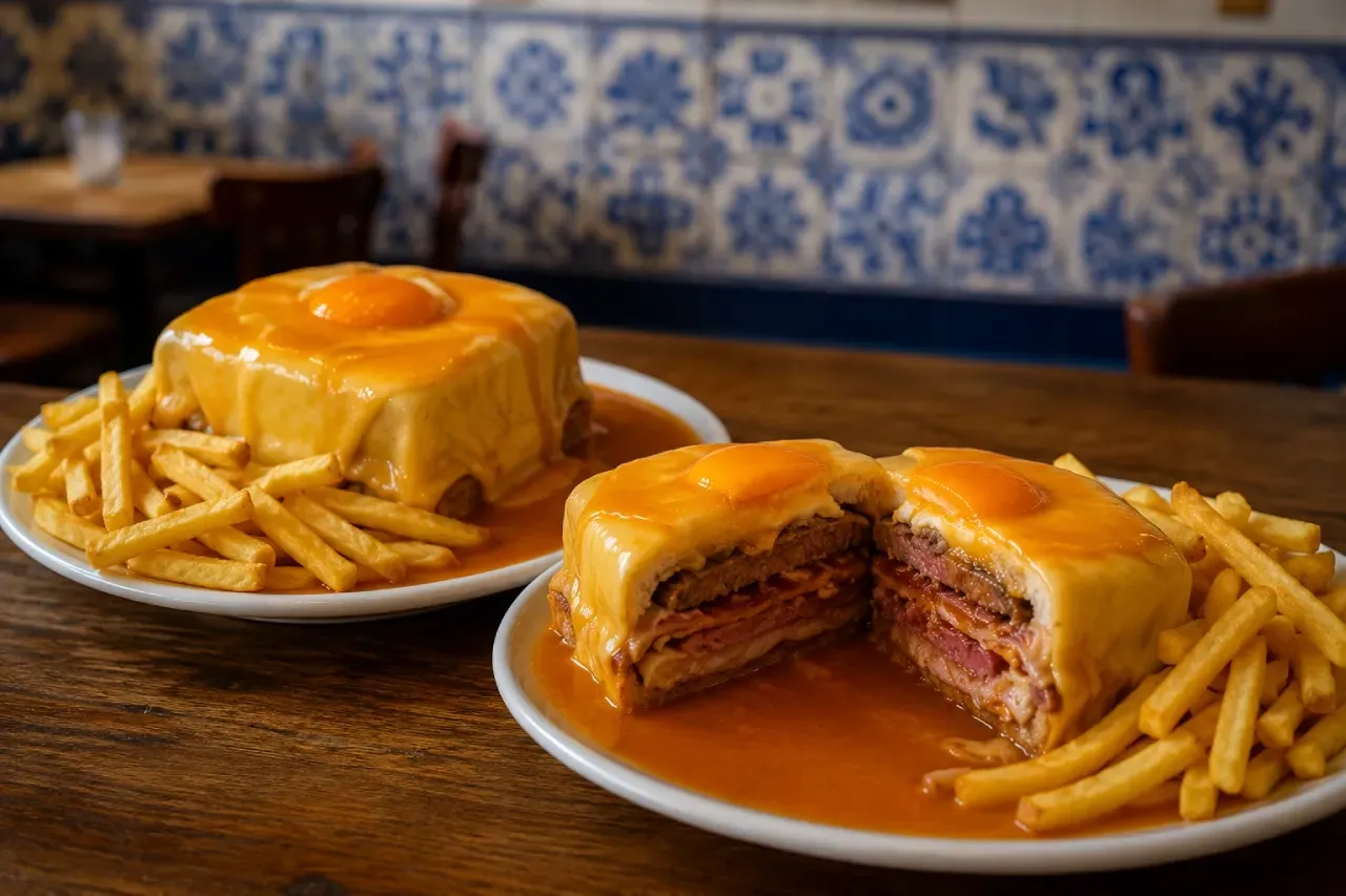Francesinha tradicional do Porto servida com batatas fritas, coberta por queijo derretido e ovo estrelado, acompanhada de molho típico português. Uma das unidades está cortada ao meio, revelando camadas de carnes e enchidos.