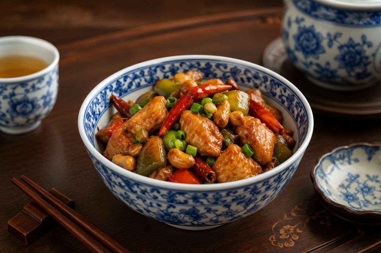 Tigela tradicional chinesa com frango xadrez preparado com cubos de frango salteado, pimentões, amendoim, cebolinha e pimentas vermelhas sobre mesa de madeira ao lado de chá oriental e hashis.