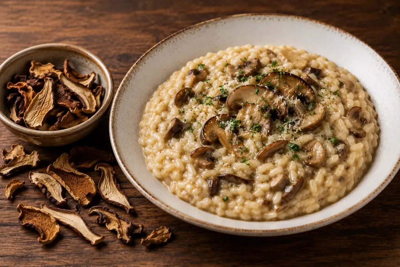 Risoto de funghi servido em prato fundo, preparado com arroz arbóreo cremoso, cogumelos salteados e queijo ralado, acompanhado por cogumelos desidratados sobre mesa de madeira.
