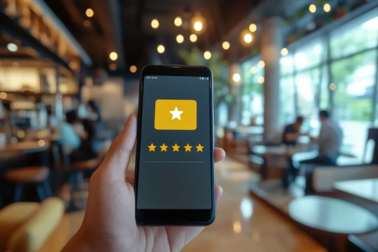 Uma pessoa está segurando um celular com uma estrela na tela.