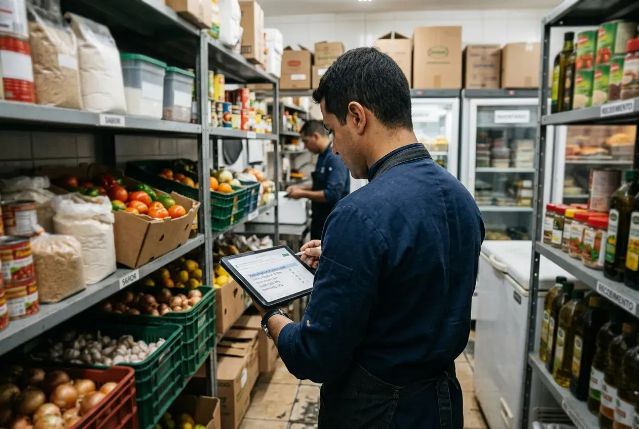Um homem de terno está segurando um tablet na cozinha.