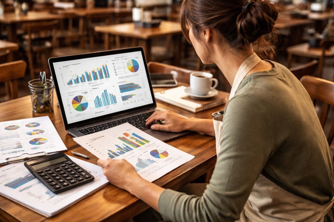 Empresária de restaurante analisa relatórios e gráficos no notebook enquanto estuda dados de vendas sentada em uma mesa do restaurante fechado.