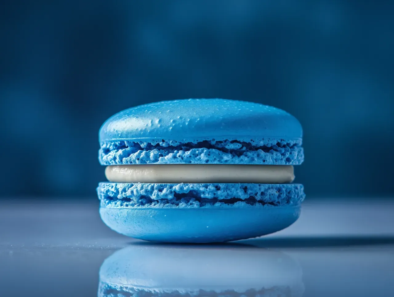 Macaron azul com recheio branco sobre fundo azul.