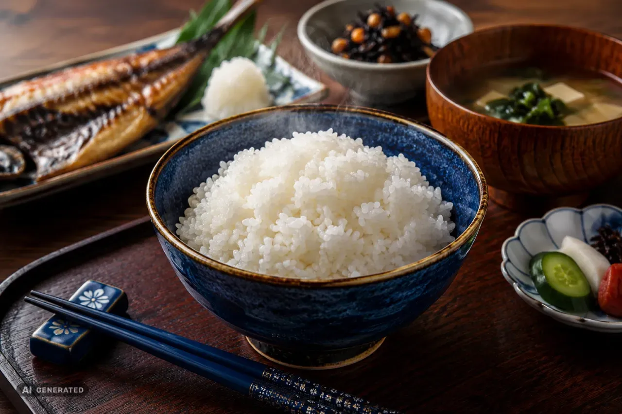 Gohan, arroz japonês cozido, servido em tigela com peixe grelhado, sopa de missô e acompanhamentos japoneses.