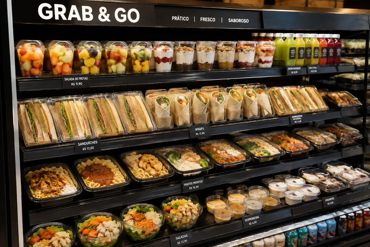 Um corredor de supermercado cheio de comida e bebida