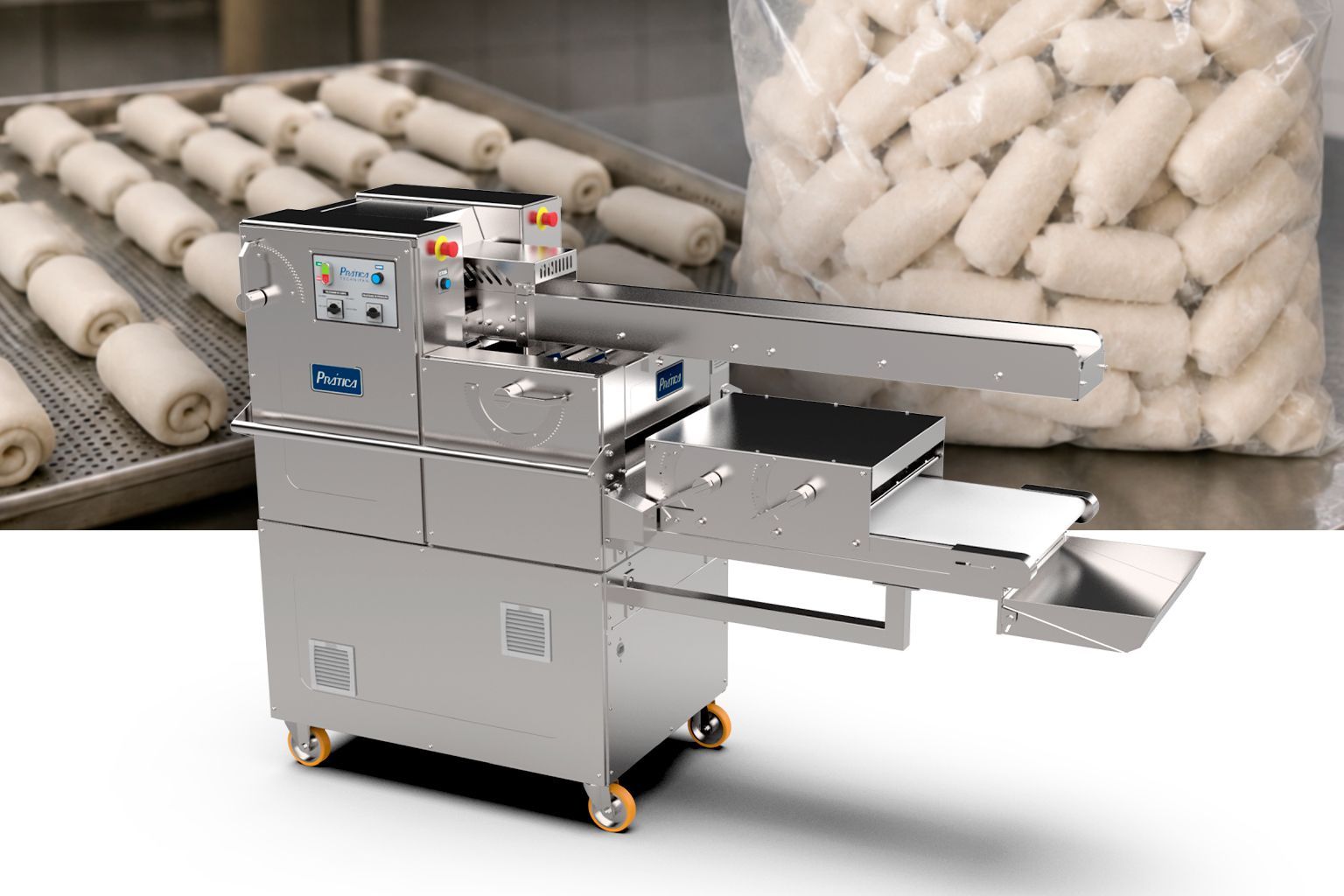 Grupo automático Prática om pães divididos e modelados ao fundo e com pães congelados em saco plástico ao lado sobre mesa de inox com padaria ao fundo.