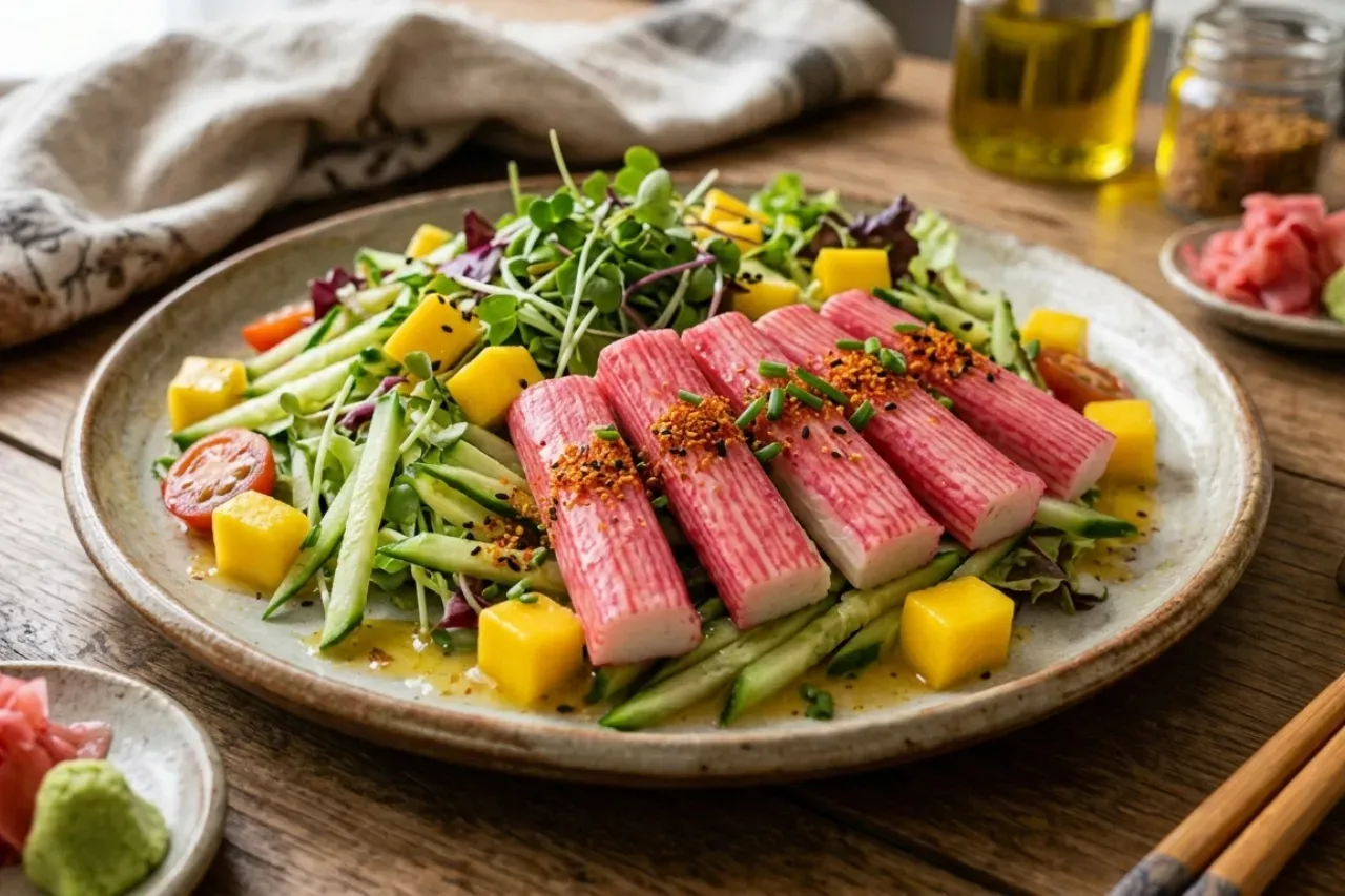 Salada tropical de kani kama com manga e pepino decorada com gergelim.