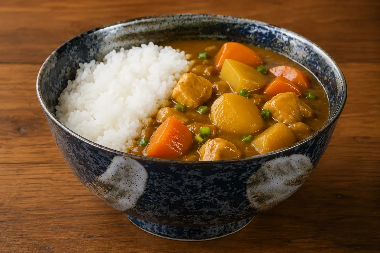 Kare japonês servido com arroz branco, frango, batatas e cenouras em molho curry cremoso.