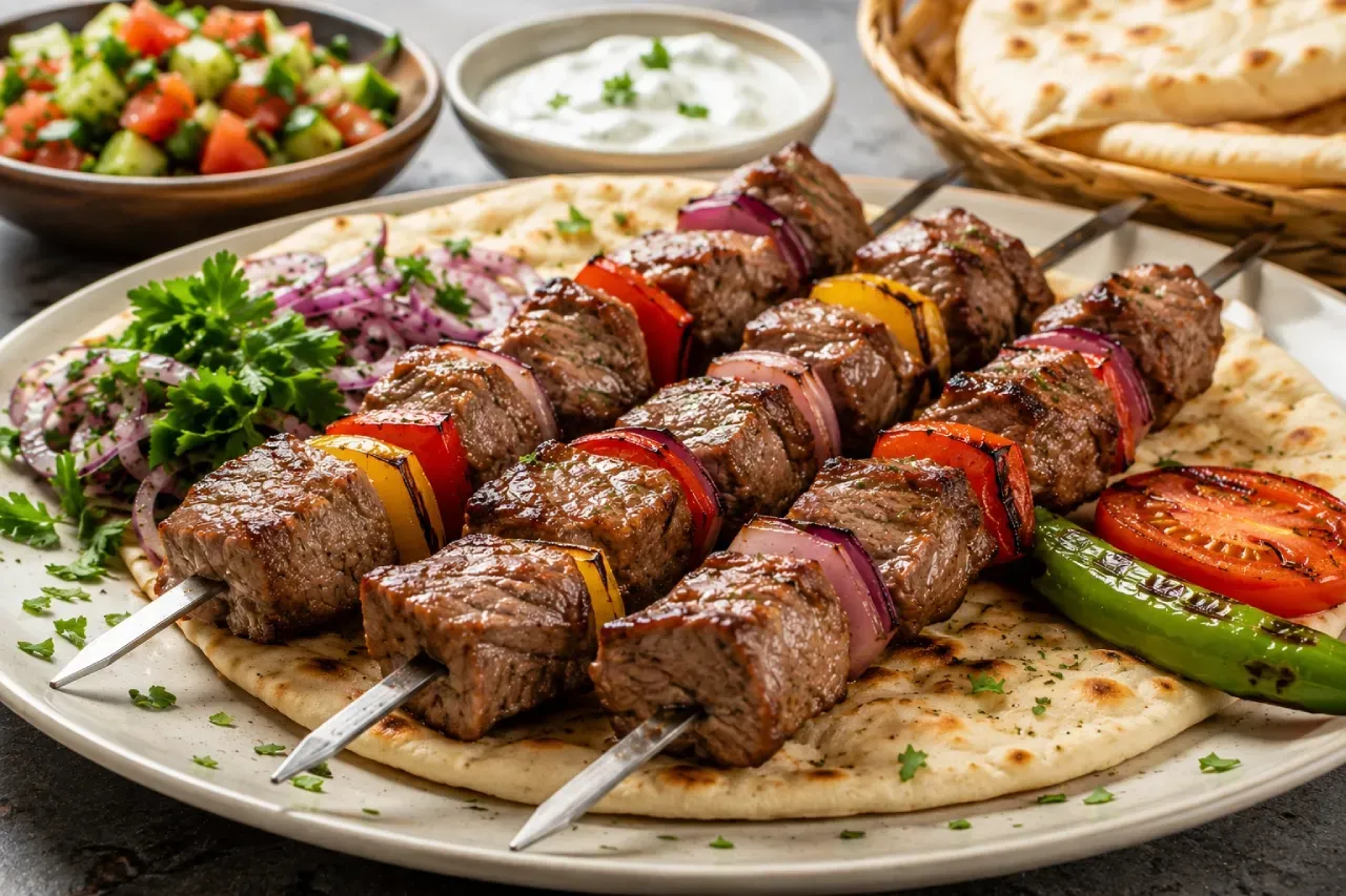 Espetos de kebab de carne grelhada servidos sobre pão tipo pita, acompanhados por cebola roxa, pimentões, tomate grelhado, ervas frescas, salada de pepino e molho de iogurte em mesa de estilo mediterrâneo.
