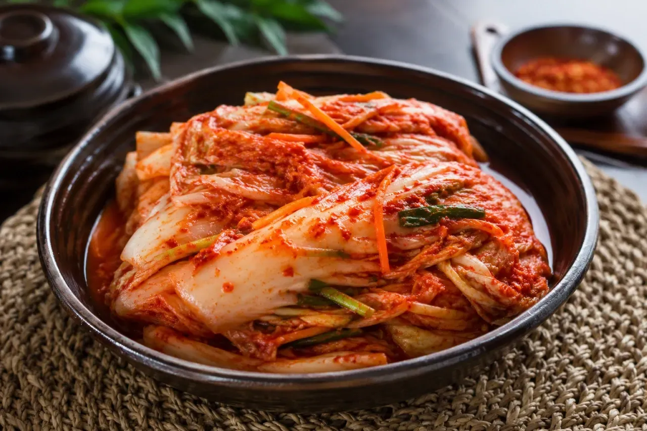 Kimchi tradicional coreano servido em tigela de cerâmica, com acelga fermentada temperada
