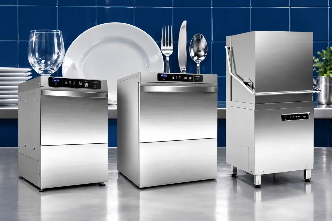 Linha de lavadoras de louças profissionais Prática em aço inox, com pratos, talheres e copo limpos 