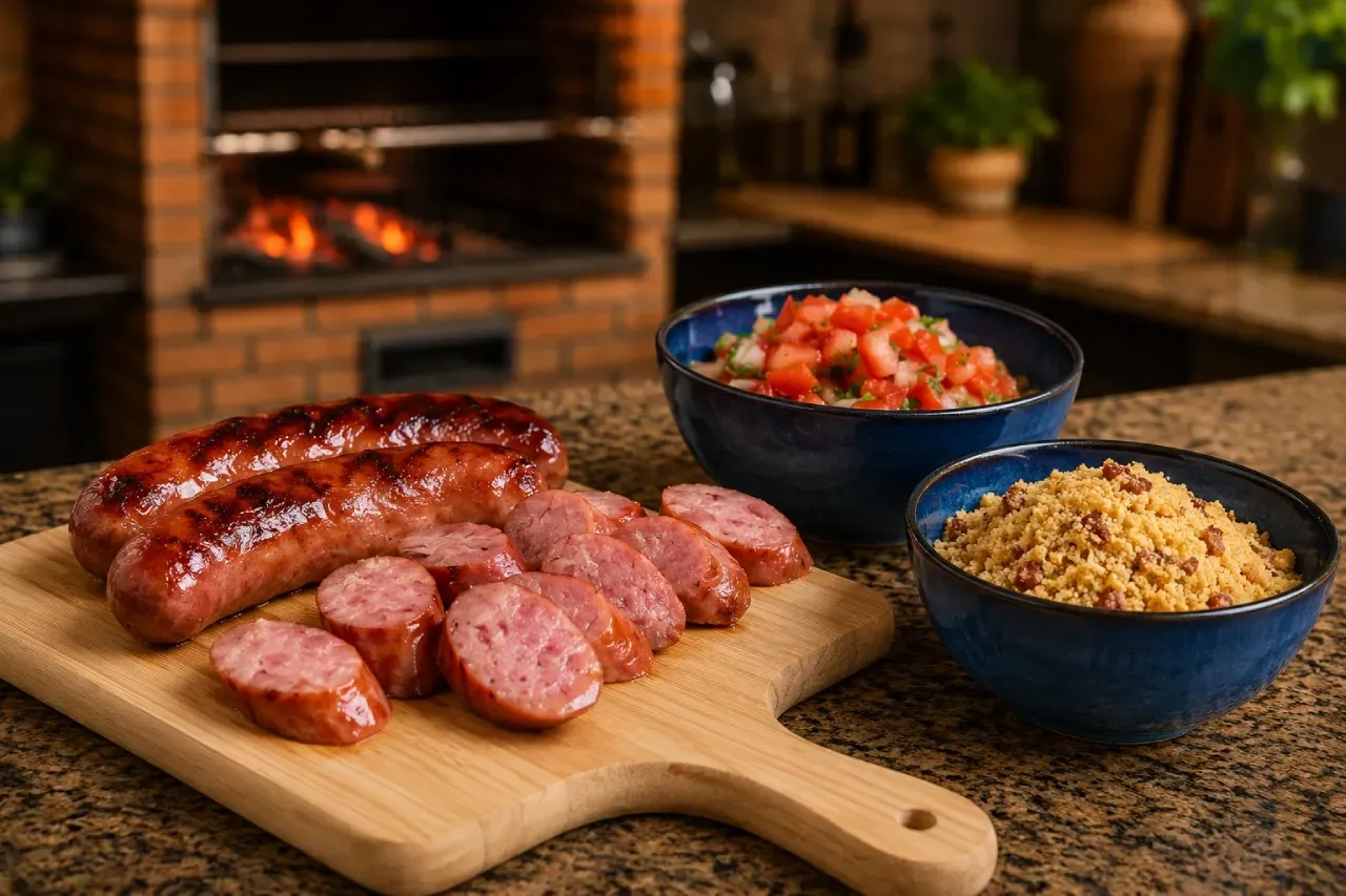 Linguiça toscana grelhada fatiada sobre tábua de madeira, acompanhada de farofa e vinagrete, com churrasqueira ao fundo.