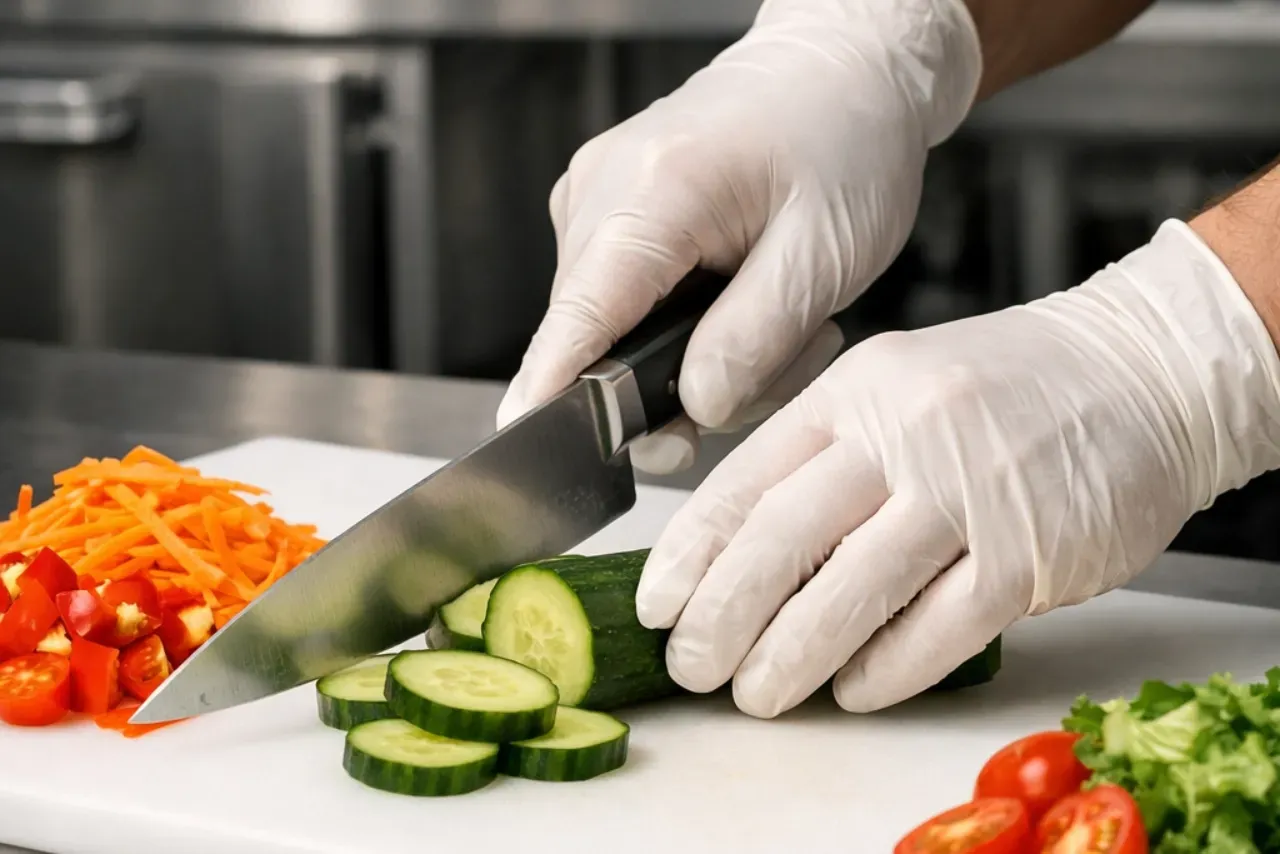Manipulador de alimentos usando luvas descartáveis ao cortar pepino sobre tábua branca em cozinha profissional, com legumes frescos organizados ao redor.