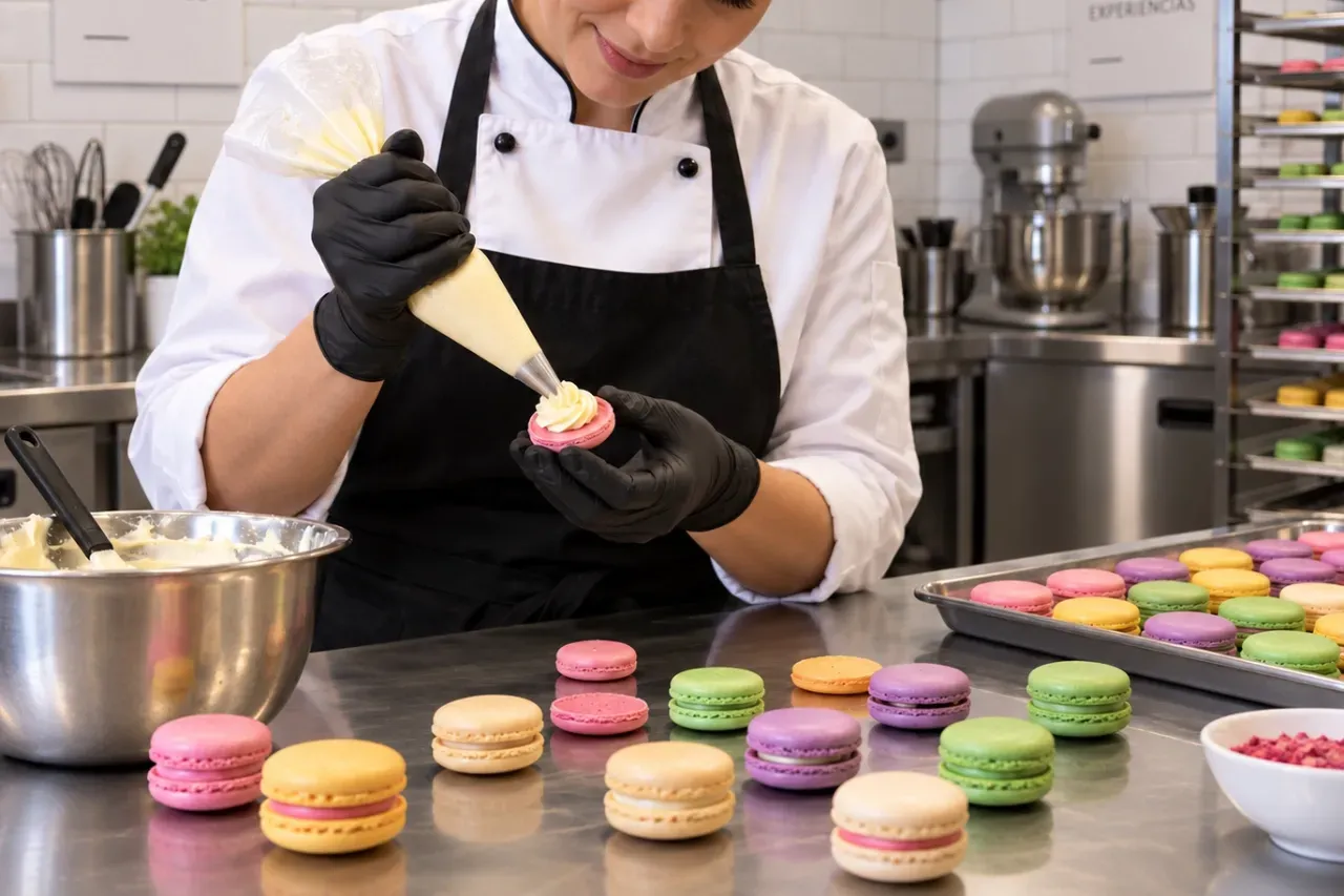 Uma mulher está decorando macarons verdes com um saco de confeitar.