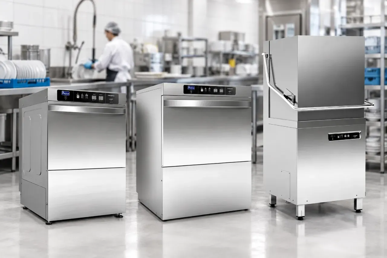 Linha de máquinas de lavar louça profissionais da Prática em cozinha industrial, com modelos de abertura frontal e de capô.