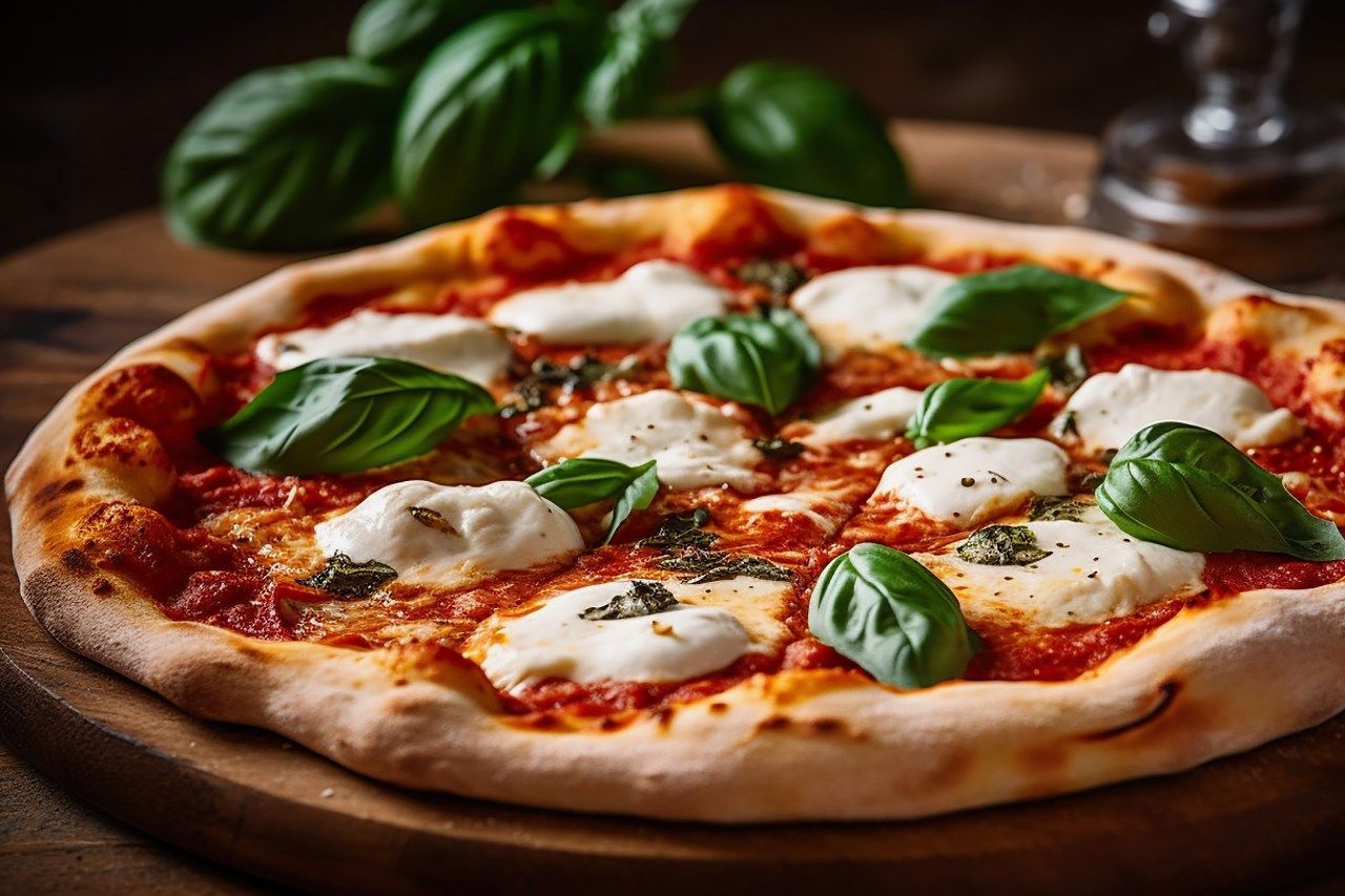 Uma pizza com queijo e manjericão em uma tábua de corte de madeira.