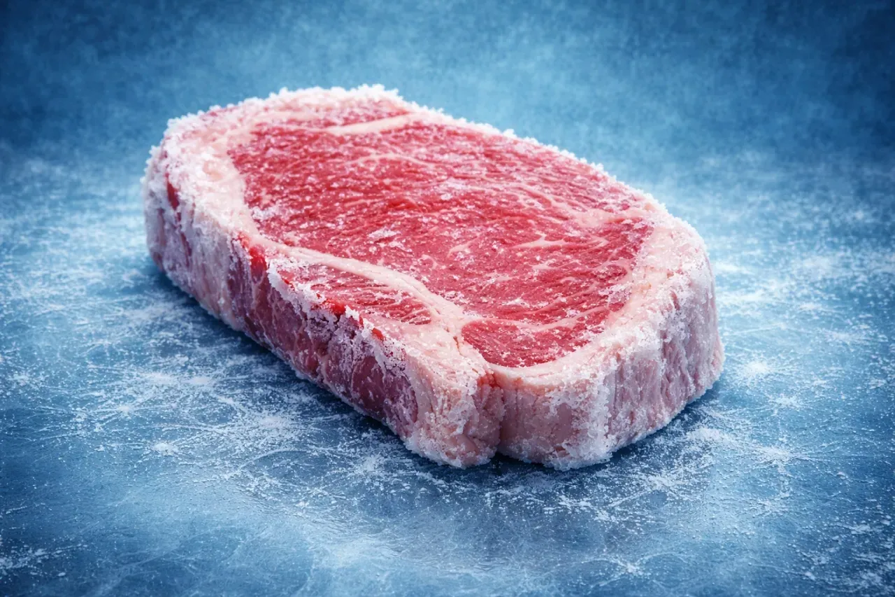 bife de carne bovina cru congelado em fundo azul