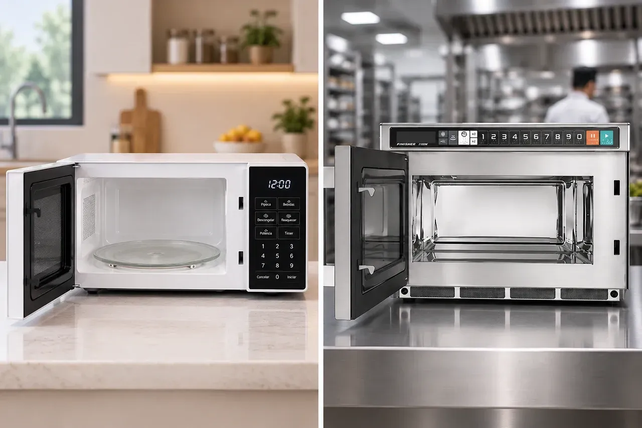 Comparação entre micro-ondas doméstico com prato giratório e micro-ondas comercial profissional em aço inox para foodservice.