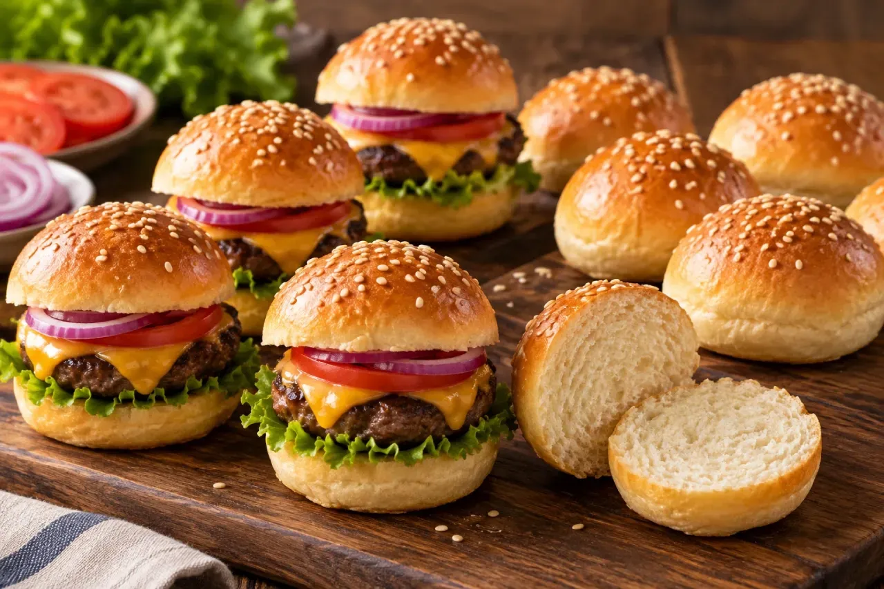 Mini pães de hambúrguer com gergelim, sliders com carne, queijo, tomate, alface e cebola, além de buns inteiros e cortados ao meio.