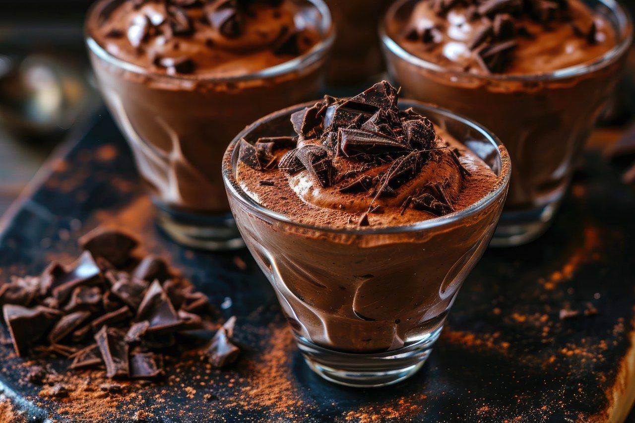 Um close de três xícaras de mousse de chocolate sobre uma mesa.