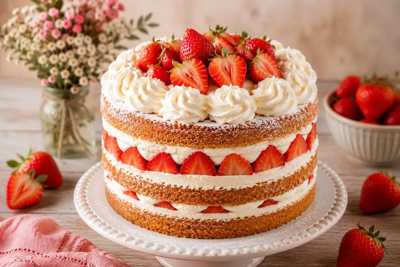 Naked cake de morango com camadas aparentes de pão de ló, recheio de chantilly e morangos frescos fatiados. O bolo está sobre um suporte branco decorativo, com cobertura de chantilly em rosetas e morangos inteiros no topo. Ao fundo, há flores delicadas e uma tigela com morangos, em um ambiente claro e acolhedor.