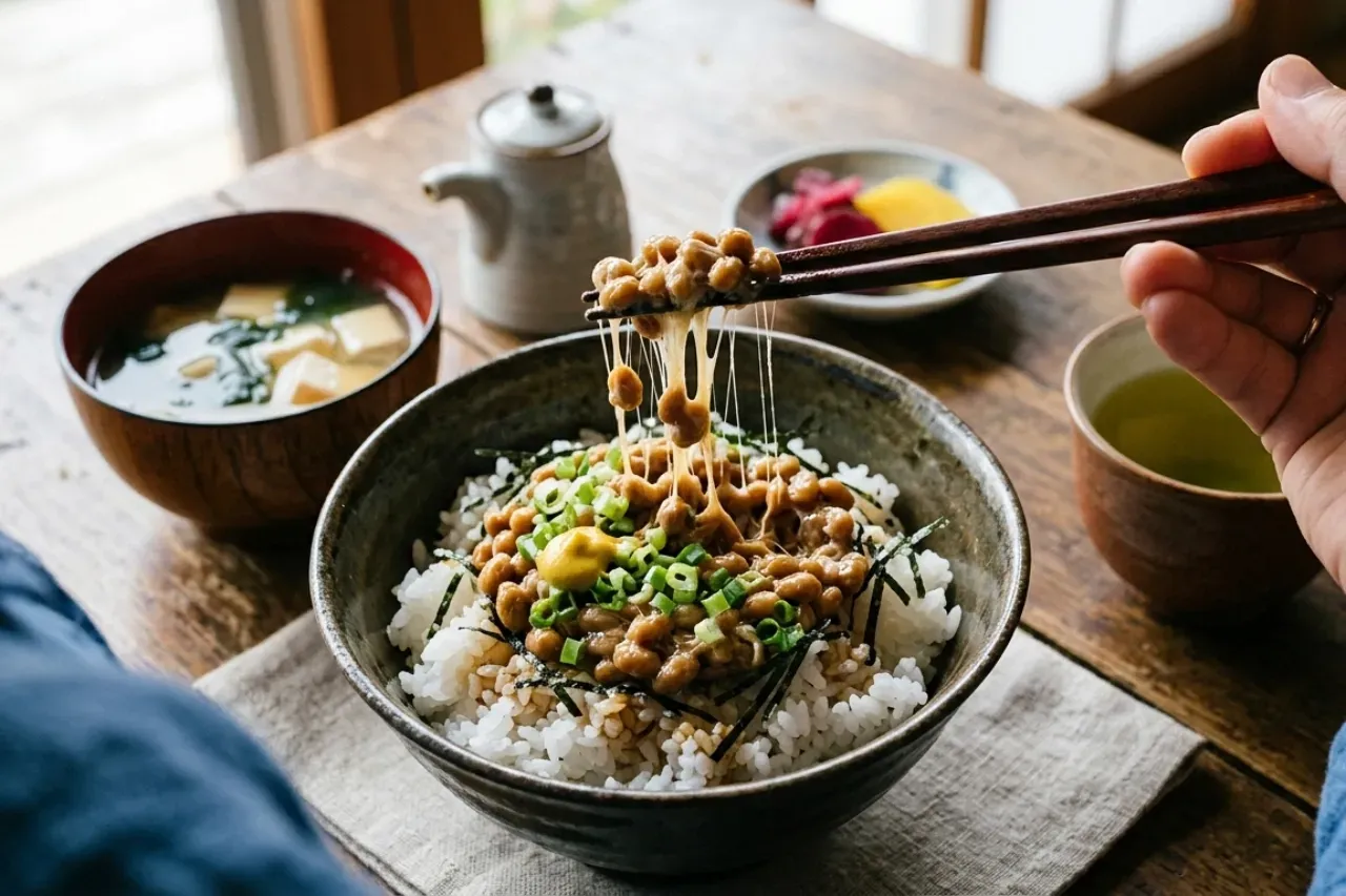Tigela de arroz gohan coberta com natto temperado, gema de ovo e cebolinha fina