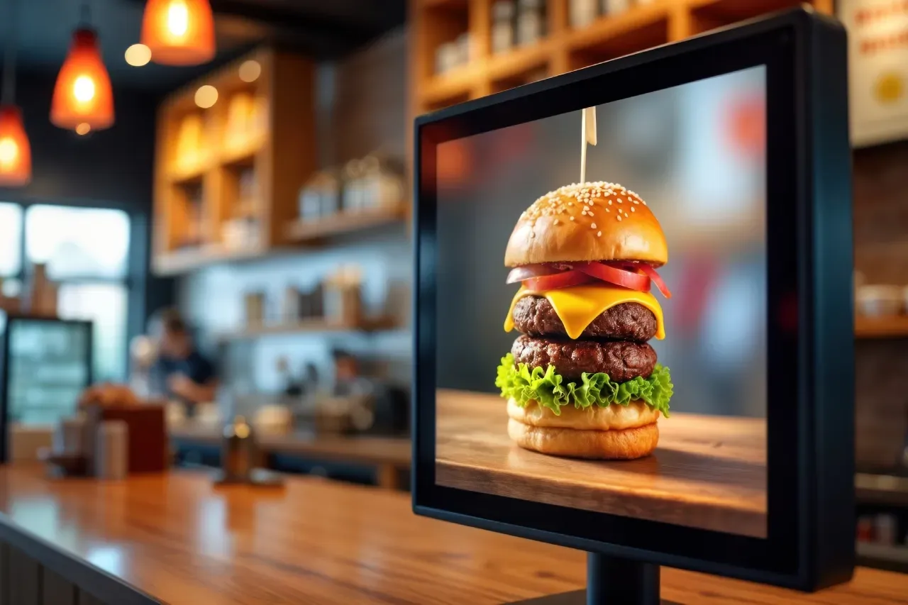 Um monitor de computador mostra um hambúrguer em uma mesa de madeira.