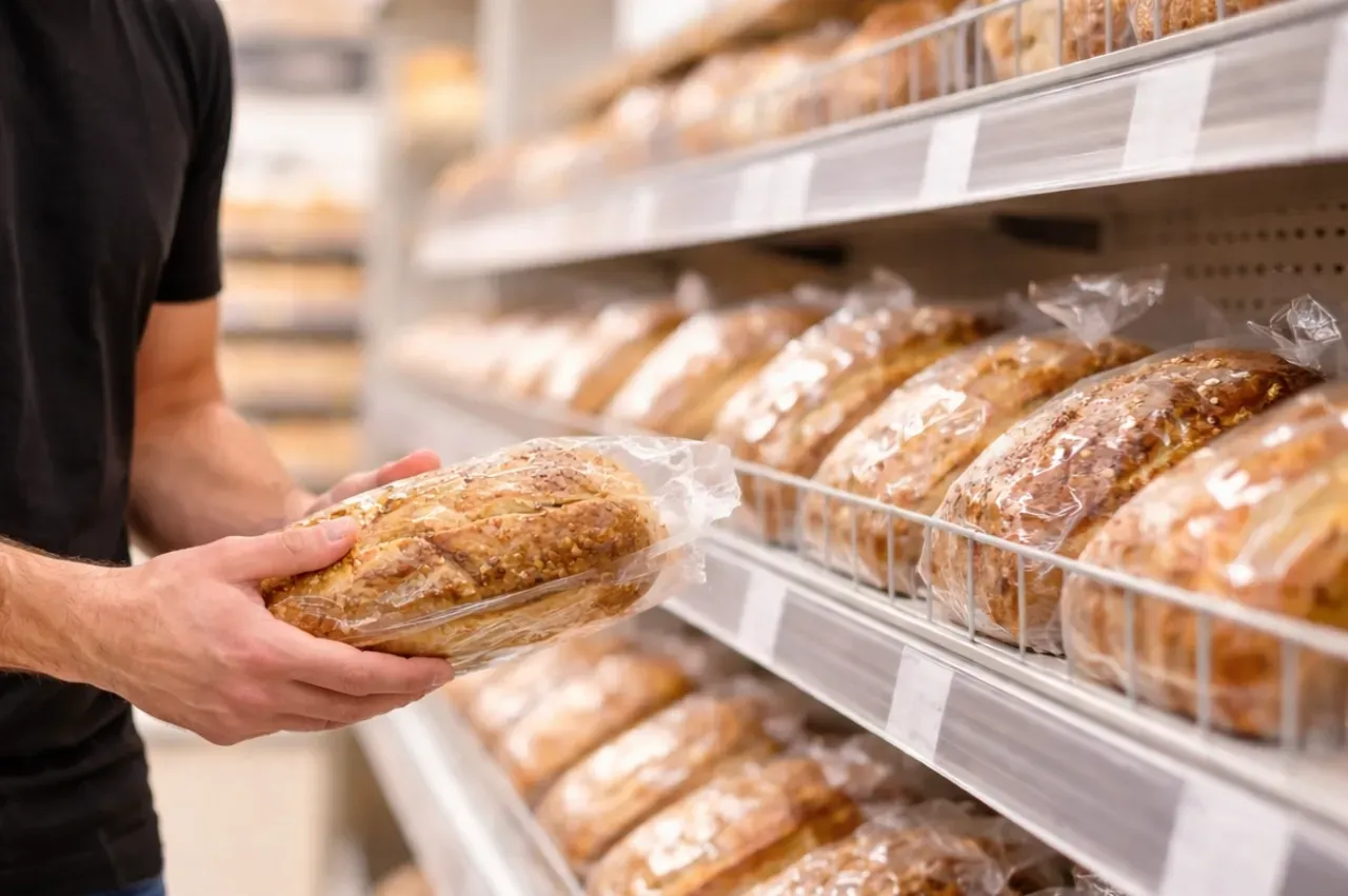 Cliente seleciona pão artesanal embalado em área de padaria autosserviço de supermercado, com prateleiras organizadas e produtos protegidos para garantir segurança dos alimentos.