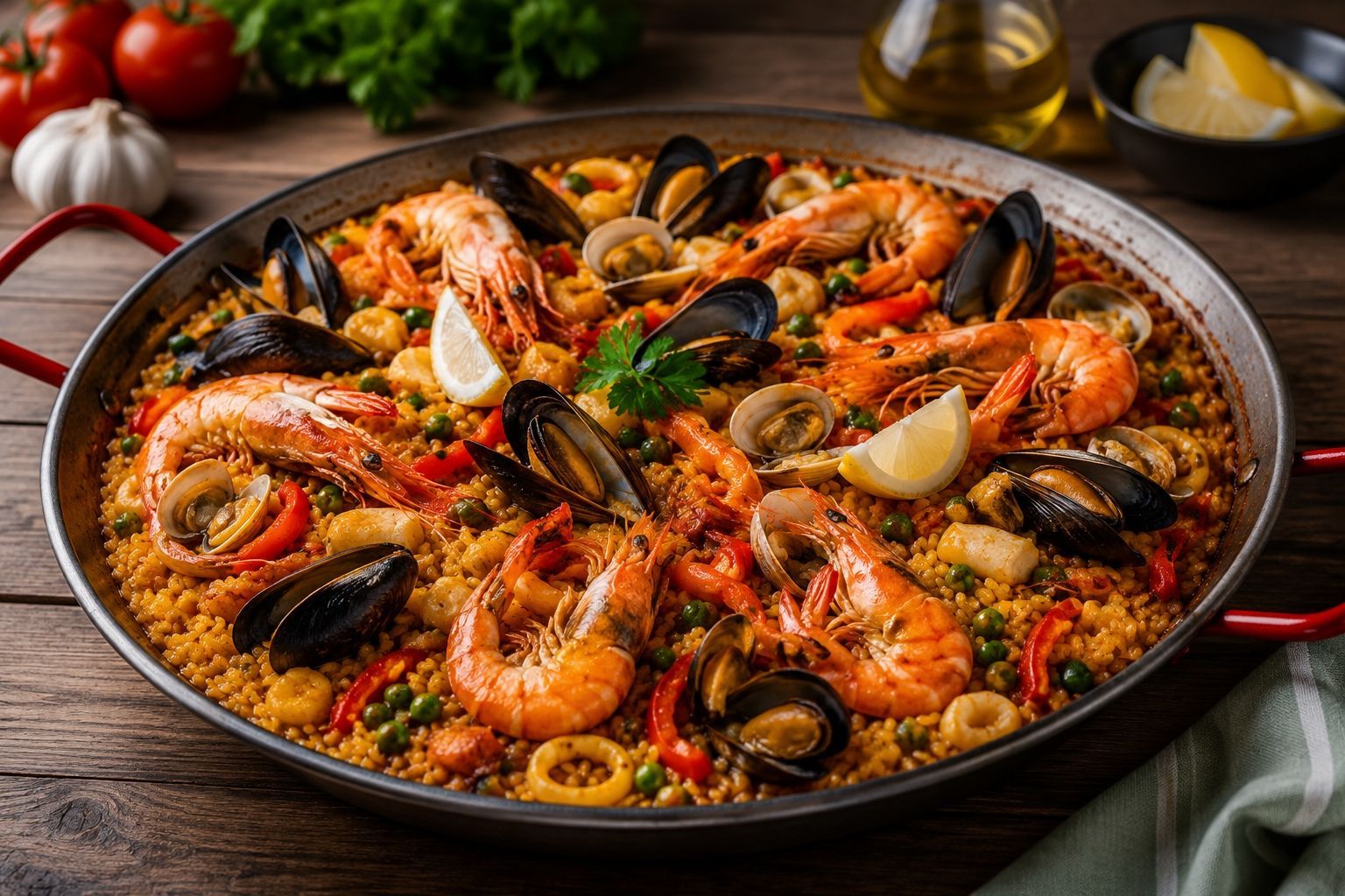 Uma panela de paella com rodelas de limão por cima