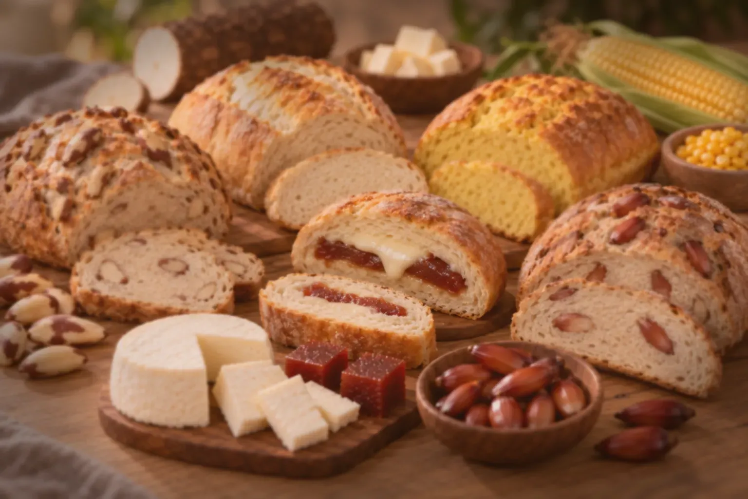Uma cesta de pães fica sobre uma mesa com outros pães