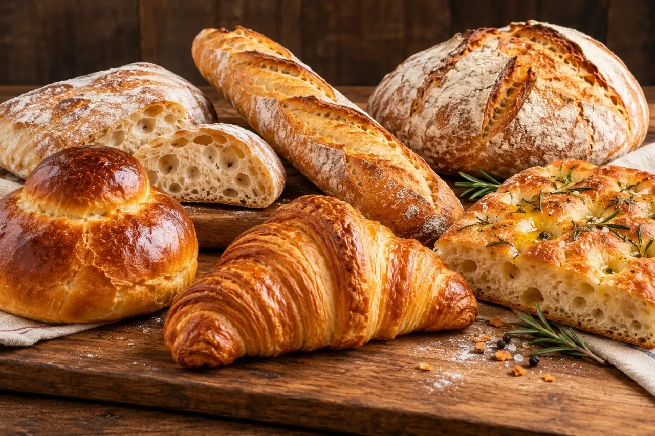 Há muitos tipos diferentes de pão na mesa.