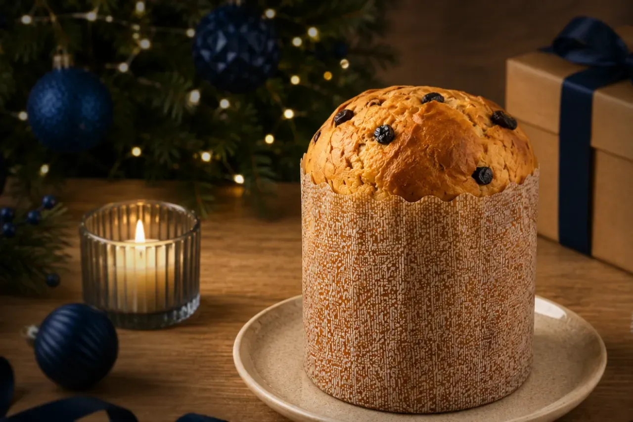 Uma fatia de pão panetone está sobre uma mesa ao lado de uma vela.