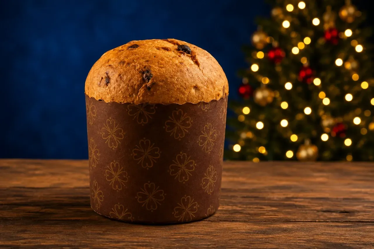Um close de um panetone sobre uma mesa.