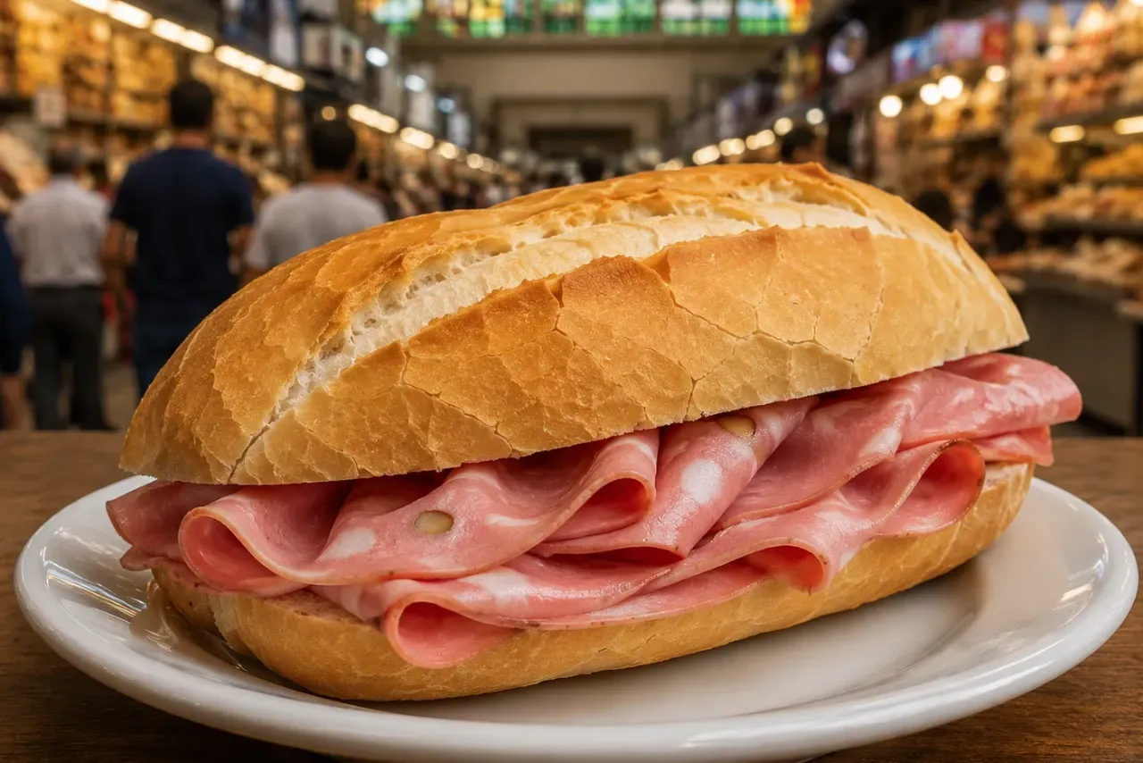 Um close de um sanduíche de pastrami em um pão sobre uma mesa.