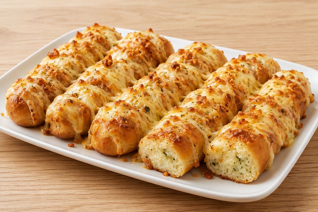Um pedaço de pão de alho está sobre uma tábua de corte de madeira.
