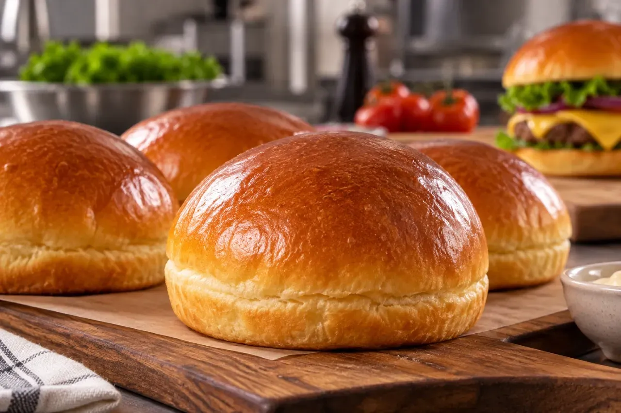 Pães de brioche dourados e macios em cozinha profissional, com hambúrguer preparado com pão brioche ao fundo.
