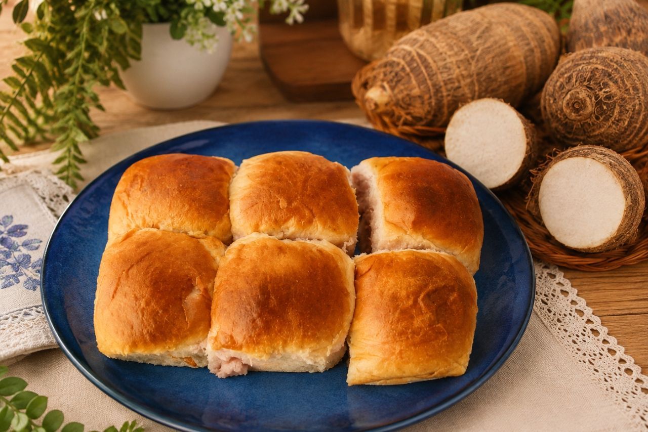 Pães de inhame macios e dourados sobre prato azul, acompanhados de inhames inteiros e cortados em uma mesa rústica.