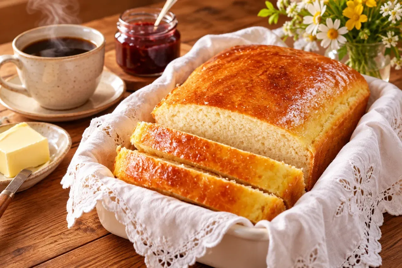 Pão caseiro retangular, fofinho e dourado, cortado em fatias sobre pano branco bordado