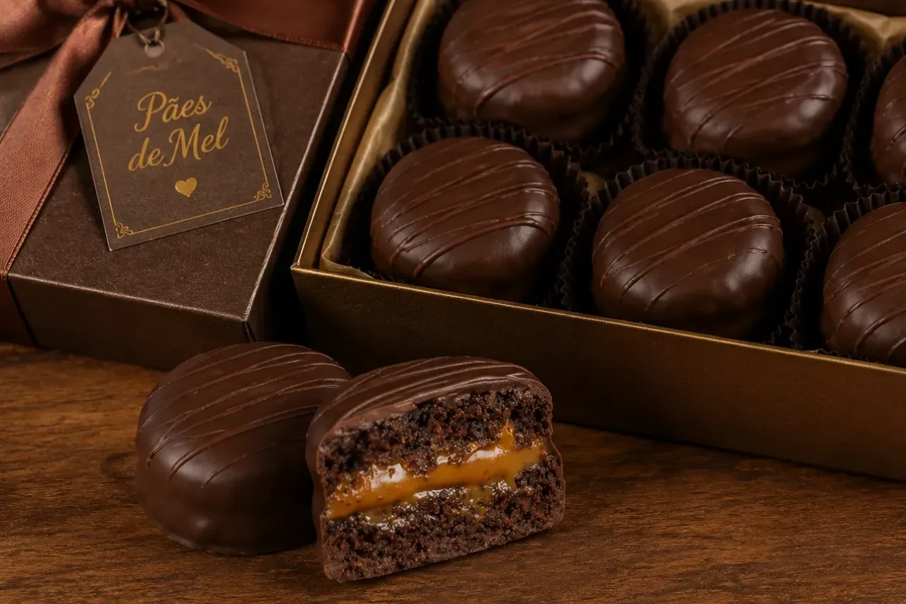 Uma caixa de biscoitos de chocolate com cobertura branca
