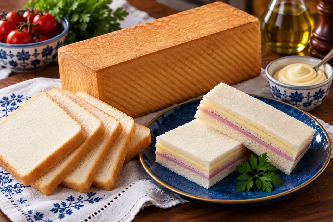 Pão de miga inteiro e fatiado ao lado de sanduíches de miga com presunto e queijo.