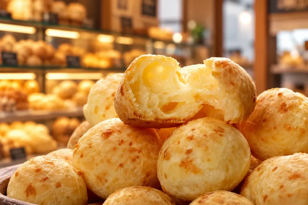 Uma pilha de bolinhas de queijo com uma mordida em uma delas.