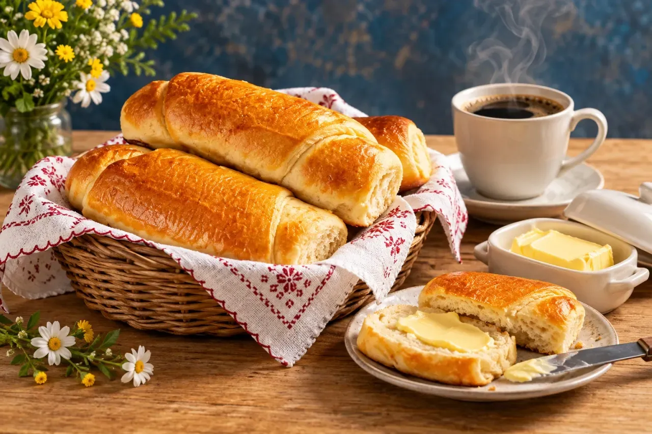 Pães de semolina dourados em cesto de vime com toalha bordada, acompanhados de manteiga, café quente